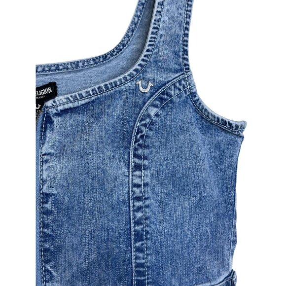 True Religion Denim Jumpsuit Womens XL Blue Front Zip Slit Distressed Overalls - Picture 9 of 14